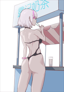Rule 34 | 1girl, absurdres, ass, fishmanblue, food, food in mouth, glass, grey hair, highres, holding, holding food, holding popsicle, liv (pgr), medium hair, multicolored hair, pink eyes, pink hair, pink scrunchie, popsicle, popsicle in mouth, punishing: gray raven, scrunchie, solo, streaked hair, swimsuit, wrist scrunchie