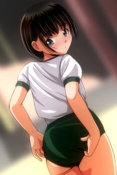 1girl absurdres adjusting_clothes ass black_hair blurry blurry_background brown_eyes buruma closed_mouth commentary_request green_buruma gym_shirt gym_uniform highres looking_at_viewer looking_back matsunaga_kouyou original shirt short_hair short_sleeves solo white_shirt white_shity
