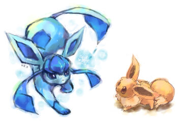 animal_focus blue_eyes brown_eyes commentary_request eevee full_body gen_1_pokemon gen_4_pokemon glaceon nintendo no_humans pokemon pokemon_(creature) pokemon_focus simple_background snowflakes toneko white_background