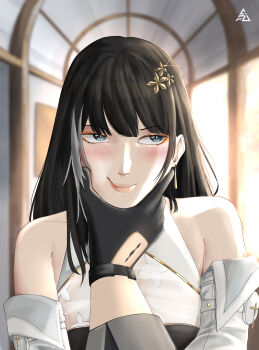 1boy 1girl absurdres aziro baizhi_(wuthering_waves) bare_shoulders black_dress black_gloves black_hair blush breasts closed_mouth dress earrings flower gloves grabbing_another&#039;s_face green_eyes hair_flower hair_ornament hand_up head_grab highres jewelry lipstick long_hair makeup male_rover_(wuthering_waves) rover_(wuthering_waves) see-through_clothes sidelocks tacet_mark_(wuthering_waves) upper_body white_background white_sleeves wuthering_waves yellow_flower