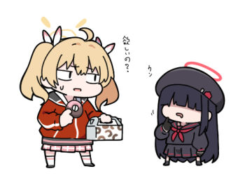 Rule 34 | 2girls, ahoge, beret, black gloves, black hair, black hat, black sailor collar, black serafuku, black shirt, black shoes, black skirt, black socks, blonde hair, blue archive, box, chibi, commentary, donut, drooling, faceless, faceless female, food, gloves, hair over eyes, hair ribbon, halo, hat, holding, holding box, holding food, hood, hood down, hooded jacket, jacket, justice task force member (blue archive), long hair, long sleeves, lowres, mouth drool, multiple girls, nyaru (nyaru 4126), parted lips, pastry box, pink skirt, pleated skirt, puffy long sleeves, puffy sleeves, red jacket, ribbon, sailor collar, school uniform, serafuku, shaded face, shirt, shoes, skirt, small sweatdrop, socks, standing, sweat, translation request, twintails, very long hair, white ribbon, white socks, yoshimi (blue archive)