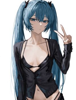 1girl bikini blue_eyes blue_hair breasts hatsune_miku highres long_hair looking_at_viewer navel ponytail raberu_ruru simple_background small_breasts solo stomach swimsuit v white_background