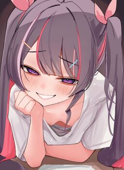 1girl azki_(hololive) black_hair breasts cleavage colored_inner_hair commentary grin hair_ornament hair_ribbon hairclip hand_on_own_chin highres hololive looking_at_viewer mole mole_under_eye multicolored_hair pink_hair pink_ribbon pink_streaks purple_eyes ribbon rifufu shirt sidelocks small_breasts smile solo symbol-only_commentary t-shirt twintails virtual_youtuber white_shirt white_streaks x_hair_ornament