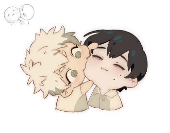 2boys :3 :t alt_text biting biting_cheek black_hair chibi closed_eyes collared_shirt commentary cropped_torso double-parted_bangs english_commentary grey_eyes hair_between_eyes hikaru_ga_shinda_natsu indou_hikaru male_focus mole multiple_boys multiple_moles netlen3 reference_inset shirt short_hair tsujinaka_yoshiki white_background white_hair wing_collar