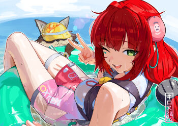 1girl 1other absurdres bare_shoulders breasts cleavage clothing_cutout facial_mark green_eyes hair_ornament hat hearing_aid heart heart-shaped_eyewear heart_facial_mark highres innertube kiros_temple looking_at_viewer one-piece_swimsuit one_eye_closed open_mouth pink_one-piece_swimsuit raccoon red_hair side_cutout sphere_hair_ornament swim_ring swimsuit tanuki teeth thigh_cutout thigh_strap two-tone_one-piece_swimsuit ukinami_yuzuha upper_teeth_only v water water_gun wet yellow_hat zenless_zone_zero