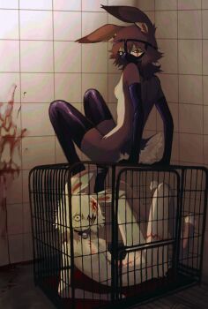 2girls animal_ears bdsm black_collar blood blood_on_wall body_fur breasts brown_fur cage collar crate furry furry_female gloves highres jejejunum jejenum_(jejejunum) latex latex_gloves latex_mask latex_thighhighs multiple_girls nipples nude original pool_of_blood rabbit_ears rabbit_girl rabbit_tail scar scar_across_eye scar_on_face scar_on_leg scar_on_stomach small_breasts tail thighhighs tile_wall tiles
