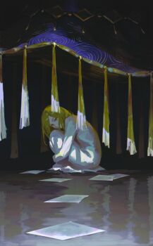 1girl absurdres blonde_hair blue_hat coco_(tongari_boushi_no_atelier) commentary covered_mouth dress english_commentary hat highres hugging_own_legs indoors long_hair long_sleeves looking_at_viewer paper sitting size_difference solo tassel tenriblu tongari_boushi_no_atelier white_dress wizard_hat yellow_eyes