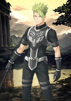 Rule 34 | 1boy, achilles (fate), armor, black gloves, black pants, black shirt, bracer, breastplate, closed mouth, cowboy shot, fate/grand order, fate (series), gloves, green hair, holding, holding polearm, holding weapon, konoe ototsugu, legs apart, looking at viewer, male focus, official art, pants, polearm, shirt, short hair, short sleeves, solo, spiked hair, standing, thigh strap, third-party source, undercut, variant set, weapon, yellow eyes