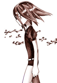 Rule 34 | 1other, androgynous, bad id, bad pixiv id, blush, cinnabar (houseki no kuni), closed mouth, from side, hair between eyes, highres, houseki no kuni, medium hair, menma (enaic31), monochrome, puffy short sleeves, puffy sleeves, sepia, short sleeves, shorts, simple background, solo