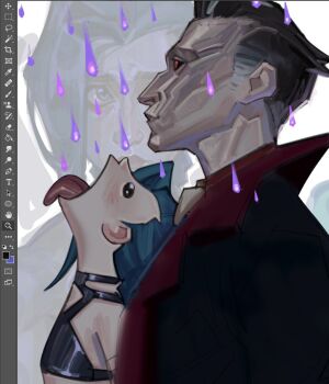 1boy 1girl arcane:_league_of_legends arcane_jinx art_program_in_frame ascot bare_shoulders black_hair black_jacket black_sclera black_shirt blue_hair breasts collared_shirt colored_sclera crop_top derivative_work french-unicorn goku_and_vegeta_in_the_rain_(meme) hair_slicked_back jacket jinx_(league_of_legends) league_of_legends long_hair meme midriff multicolored_hair open_mouth rain red_eyes red_shirt shirt short_hair silco_(arcane) small_breasts streaked_hair tongue tongue_out upper_body white_ascot white_hair