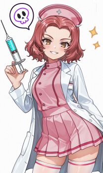 1girl aadka5 alternate_costume blush breasts brown_eyes coat commentary cowboy_shot dress english_commentary girls_und_panzer grin hat high_collar highres holding holding_syringe id_card long_sleeves looking_at_viewer medium_breasts medium_hair mixed-language_commentary nurse nurse_cap pink_dress pink_hat pleated_dress red_hair rosehip_(girls_und_panzer) short_dress simple_background smile solo sparkle spoken_skull standing syringe thighhighs white_background white_coat white_thighhighs