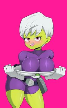 1girl bigduck breasts cheelai dragon_ball dragon_ball_super grey_hair highres large_breasts pink_eyes short_hair solo tagme
