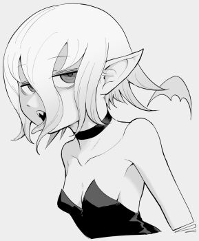 1girl breasts choker cropped_torso detached_wings greyscale hair_between_eyes inarou_(rakugakiproject) leotard monochrome original profile sharp_teeth short_hair small_breasts solo strapless strapless_leotard swan_(inarou_(rakugakiproject)) teeth tongue tongue_out upper_body wings