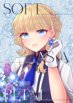 Rule 34 | 1girl, blonde hair, blue background, blue eyes, braid, braided bun, flower, gloves, hair bun, highres, kantai collection, long hair, looking at viewer, nagi kantai114, ranger (kancolle), smile, solo, two-tone shirt, upper body, white gloves