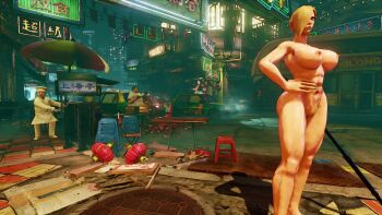 1girl 3d abs animated ass blonde_hair breasts capcom completely_nude falke_(street_fighter) female_focus game_screenshot green_eyes hair_over_one_eye highres holding holding_staff huge_ass kicking large_breasts mod nipples nude nude_mod shiny_skin solo staff street_fighter street_fighter_v video video_game_screencap