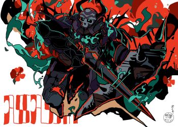 Rule 34 | armor, azrael (sword) (fate), blue eyes, blue fire, cape, commentary request, fake horns, fate/grand order, fate (series), fire, flower, full armor, helmet, highres, holding, holding sword, holding weapon, horned helmet, horns, ima mo nao kangaechuu, king hassan (fate), male focus, mask, shield, skull mask, solo, spiked armor, spikes, sword, weapon