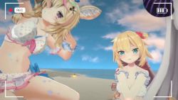 3d 3girls akai_haato animal_ears animated ass beach blonde_hair braid breasts camera_overlay cloud demon_girl feet fox_ears fox_girl fox_tail green_eyes highres hololive holox horns la+_darknesss long_hair multiple_girls nail_polish navel omaru_polka outdoors presenting sky swimsuit tail toes twintails video virtual_youtuber white_hair yellow_eyes