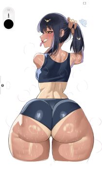 1girl ass back bare_shoulders black_hair blush curvy from_behind highres huge_ass ijiranaide_nagatoro-san long_hair looking_at_viewer looking_back nagatoro_hayase narrow_waist orange_eyes pankekes simple_background skindentation smile solo sports_bra sweat tan tanline thick_thighs thighs tying_hair undersized_clothes white_background wide_hips workout_clothes