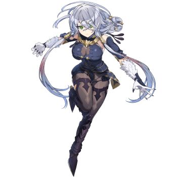 Rule 34 | 1girl, armor, atelier (series), atelier ryza, bodystocking, breasts, cleavage, closed mouth, cosplay, crossed bangs, dolphin wave, full body, fur gloves, game cg, green eyes, grey hair, hair ornament, hairclip, highres, light frown, lila decyrus, lila decyrus (cosplay), long hair, looking at viewer, non-web source, official art, ootomo takuji, sarah anthony, self-datamine, simple background, solo, standing, transparent background, wig