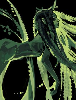 1girl absurdres arched_back black_background commentary dreadlocks english_commentary floating from_side glowing glowing_hair green_theme highres long_hair looking_at_viewer looking_back mermaid monster_girl nude original painterly pointy_ears simple_background smile solo twulfs very_long_hair