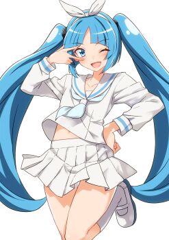 1girl blue_eyes blue_hair blush bow bow_hairband clothes_lift commentary_request hairband hand_on_own_hip hand_up highres leg_up long_hair midriff_peek miniskirt navel_peek neckerchief nipako one_eye_closed open_mouth pleated_skirt sailor_collar school_uniform serafuku shirt shirt_lift shoes simple_background skirt skirt_lift smile socks solo standing standing_on_one_leg twintails ultimate_nipper v v_over_eye very_long_hair white_background white_bow white_hairband white_neckerchief white_sailor_collar white_serafuku white_shirt white_shoes white_skirt white_socks yuto_(dialique)