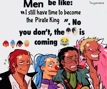 4boys absurdres black_hair buggy_the_clown clown_nose crocodile_(one_piece) dark-skinned_male dark_skin donquixote_doflamingo emoji english_text glint grin highres huyandere image_macro_(meme) long_hair male_focus meme multiple_boys one_piece parody_request pectoral_cleavage pectorals receding_hairline scar scar_across_eye scar_on_face shanks_(one_piece) shirt short_hair smile sparse_stubble sunglasses upper_body white_shirt