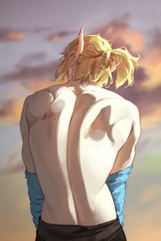 Rule 34 | 1boy, absurdres, back, back focus, back muscles, black pants, blue shirt, cloud, commentary request, earrings, edwin62293123, elf, from behind, highres, jewelry, link, long pointy ears, male focus, nintendo, pants, piercing, pointy ears, ponytail, shirt, shirt partially removed, solo, the legend of zelda, the legend of zelda: breath of the wild, toned, toned male