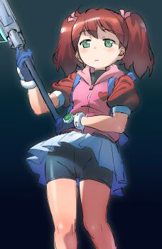 1girl absurdres bike_shorts brown_hair commentary_request feet_out_of_frame gloves green_eyes heart heart_print highres holding_net hood hood_down hoodie jacket long_hair medium_hair miniskirt net pink_hoodie pink_jacket print_hoodie puffy_short_sleeves puffy_sleeves revision sadamoto_hokuto saru_getchu sayaka_(saru_getchu) short_shorts short_sleeves shorts shorts_under_skirt sketch skirt solo standing twintails undershirt weapon white_skirt wind wind_lift