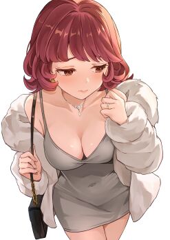 1girl absurdres b1ack_illust bag blush breasts brown_eyes cleavage closed_mouth collarbone covered_navel dress earrings fingernails grey_dress handbag highres idolmaster idolmaster_million_live! idolmaster_million_live!_theater_days jacket jewelry lips necklace nonohara_akane&#039;s_mother red_hair ring short_hair simple_background sleeveless sleeveless_dress solo standing white_background white_jacket