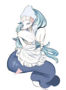 apron beloved_siren blue_eyes blue_hair blush closed_mouth fang full_body gen_7_pokemon highres long_hair looking_at_viewer low-tied_long_hair maid_apron nintendo no_humans pokemon pokemon_(creature) pokemon_focus primarina solo white_apron white_background