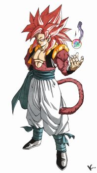 Rule 34 | 1boy, biceps, blue eyes, blue sash, body fur, dragon ball, dragon ball (object), dragon ball gt, gogeta, highres, kakeru (dbskakeru), long hair, looking at viewer, male focus, metamoran vest, monkey boy, monkey tail, muscular, muscular male, no nipples, pants, pectorals, red fur, red hair, saiyan, sash, solo, spiked hair, super saiyan, super saiyan 4, tail