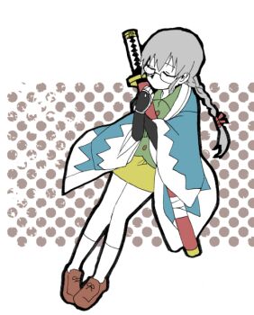1girl armor blue_haori braid braided_ponytail brown_shoes closed_eyes commentary_request dealca full_body glasses green_shirt grey_hair gyousatsu_shinsengumi haori holding holding_sword holding_weapon hugging_object japanese_armor japanese_clothes katana kneehighs kote loafers long_hair long_sleeves miniskirt no_mouth okita_suzune polka_dot polka_dot_background sheath sheathed shinsengumi shirt shoes skirt socks solo sword weapon white_background white_socks yellow_skirt