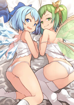 2girls ass bare_shoulders bed_sheet blue_bow blue_eyes blue_hair blvefo9 bow camisole cirno daiyousei fairy_wings from_behind green_eyes green_hair hair_bow highres ice ice_wings loli looking_at_viewer looking_back multiple_girls no_pants panties smile socks strap_slip thighhighs touhou transparent_wings underwear underwear_only wedgie white_legwear white_panties wings