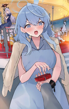 1boy 2girls :d absurdres ako_(blue_archive) anger_vein animal_collar belt_collar blue_archive blue_dress blue_eyes blue_hair blush breasts carousel collar collared_dress commentary dating dress earrings eyelashes grey_hair hair_behind_ear hand_up heart heart-shaped_pupils highres hina_(blue_archive) holding holding_collar holding_hands jewelry large_breasts long_hair looking_at_another looking_at_viewer mi_taro333 multiple_girls o_o open_mouth outdoors pov sensei_(blue_archive) sideboob sidelocks sleeveless sleeveless_dress smile solo_focus stud_earrings sweatdrop symbol-shaped_pupils trembling tsundere tsurime v-shaped_eyebrows veiny_face very_long_hair