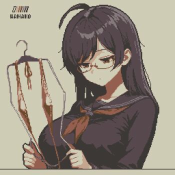 1girl ahoge artist_name black_hair black_sailor_collar black_shirt breasts closed_mouth commentary_request expressionless glasses highres holding large_breasts long_hair long_sleeves original pixel_art raised_eyebrow red-framed_eyewear red_eyes red_ribbon red_slingshot_swimsuit ribbon sailor_collar school_uniform serafuku shirt sidelocks slingshot_swimsuit solo specialhanako swimsuit