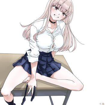 1girl black_choker black_socks blue_skirt boku_no_kokoro_no_yabai_yatsu breasts brown_eyes brown_hair button_gap choker collarbone commentary_request desk grin holding holding_sock holding_unworn_clothes large_breasts long_hair looking_at_viewer on_desk pleated_skirt ruri_(ruri_) school_desk school_uniform shirt shirt_tucked_in simple_background single_sock sitting skirt smile socks solo unworn_socks white_background white_shirt yamada_anna