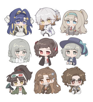 1boy 1other 3d_glasses 6+girls :&gt; :/ :3 :o :p absurdres aged_down ai_chi_guobaoyou akanbe an-an_lee apron ascot black-framed_eyewear black_choker black_dress black_gloves black_hair black_jacket blue_bow blue_eyes blue_hair blue_hairband blush boater_hat bow braces brown_coat brown_eyes brown_hair checkered_necktie chibi choker closed_mouth coat collared_shirt colored_inner_hair colored_tips cropped_torso crossed_arms cup curly_hair diagonal-striped_clothes diagonal-striped_necktie dress earrings eyelid_pull eyewear_on_head feather_dress feather_hair_ornament feathers finger_to_eye frilled_apron frills glasses gloves green_jacket grey_eyes grey_hair grey_sweater grey_vest hair_bun hair_intakes hair_ornament hairband hand_on_own_hip hand_up hat hat_bow highres holding holding_cup holding_jar holding_megaphone horropedia id_card jacket jar jewelry juliet_sleeves long_hair long_sleeves looking_at_viewer low_ponytail matilda_bouanich medicine_pocket medium_hair megaphone multicolored_hair multiple_girls necklace necktie one_side_up parted_bangs ponytail puffy_sleeves purple_headwear purple_jacket red_dress red_eyes red_necktie reverse:1999 schneider_(reverse:1999) school_uniform shirt short_hair short_ponytail single_side_bun smile soviet_school_uniform star_(symbol) star_hair_ornament striped_clothes sweater teeth tongue tongue_out tooth_fairy_(reverse:1999) tooth_necklace upper_body vertin_(reverse:1999) vest voyager_(reverse:1999) white_apron white_ascot white_background white_coat white_dress white_hair white_hairband white_shirt yellow_eyes yin_yang