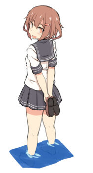 1girl barefoot blush brown_eyes brown_hair commentary_request fang from_behind full_body grey_sailor_collar grey_skirt hair_between_eyes hair_ornament hairpin holding holding_shoes holding_unworn_clothes ikazuchi_(kancolle) kantai_collection kugui_kiyunemu loafers medium_hair miniskirt open_mouth pleated_skirt sailor_collar shirt shoes short_sleeves sidelocks simple_background skirt solo standing turning_head unworn_shoes wading water white_background white_shirt
