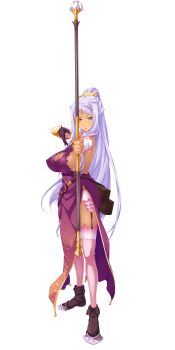 1girl absurdres arrow bibyo blue_eyes boots bow_(weapon) breasts china_dress chinese_clothes cleavage cleavage_cutout clothing_cutout dark_skin dark-skinned_female detached_sleeves dress female_focus full_body hands_on_own_hips highres hikage_eiji holding holding_bow_(weapon) holding_weapon koihime_musou kougai_(koihime_musou) large_breasts light_purple_hair long_hair looking_at_viewer mole mole_under_mouth official_art pelvic_curtain ponytail shin_koihime_musou sidelocks silver_hair sleeveless smile solo standing thighhighs transparent_background very_long_hair weapon