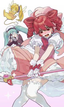 3girls ahoge akita_neru aqua_hair benkeinazuna bow cardcaptor_sakura closed_eyes commentary_request cosplay dress drill_hair embarrassed glove_bow gloves hair_between_eyes hatsune_miku highres holding holding_staff kasane_teto kero_(cardcaptor_sakura) kinomoto_sakura kinomoto_sakura_(magician) long_hair magical_girl medium_hair multiple_girls open_mouth pink_dress puffy_short_sleeves puffy_sleeves red_bow red_eyes red_hair short_sleeves simple_background smile staff thighhighs twin_drills twintails utau v-shaped_eyebrows very_long_hair vocaloid white_gloves white_thighhighs zettai_ryouiki