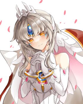 1girl absurdres android bare_shoulders blush chest_jewel code:_esencia_(elsword) commentary_request detached_sleeves elsword eve_(elsword) facial_mark forehead_jewel gloves grey_hair highres korean_commentary looking_at_viewer own_hands_together petals purimon simple_background solo white_background white_gloves yellow_eyes