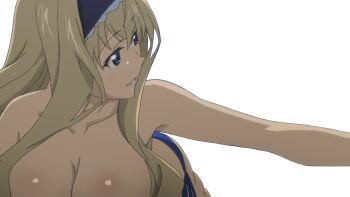 1girl arm_up armpit_peek barefoot bikini blonde_hair blue_bikini blue_eyes breasts cecilia_alcott drill_hair feet hairband half-closed_eyes highres infinite_stratos large_breasts legs lipstick long_hair looking_back lying makeup on_stomach parted_lips pink_lips seductive_gaze seductive_smile side-tie_bikini_bottom smile solo swimsuit teeth the_pose thighs topless_female