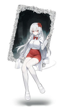 1girl absurdres bow bowtie breasts collared_shirt commentary commission flower full_body hair_flower hair_ornament highres huu_(dighapdlxm12) large_breasts long_hair long_sleeves miniskirt original pencil_skirt red_bow red_bowtie red_eyes red_flower red_skirt shirt shoes sitting skirt solo thighhighs white_hair white_shirt white_shoes white_thighhighs