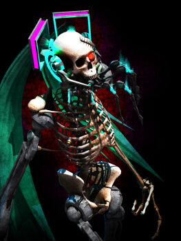 3d bone calne_ca_(deino) cosplay cyborg deino_(deino3330) glowing glowing_eyes hatsune_miku hatsune_miku_(cosplay) headset highres isopod no_humans red_eyes skeleton skull twintails vocaloid