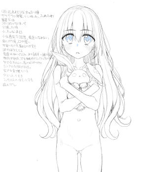 1girl absurdres blush completely_nude highres holding holding_stuffed_toy lineart loli long_hair looking_at_viewer monochrome navel nude original sketch solo stuffed_animal stuffed_rabbit stuffed_toy suga_hideo translation_request