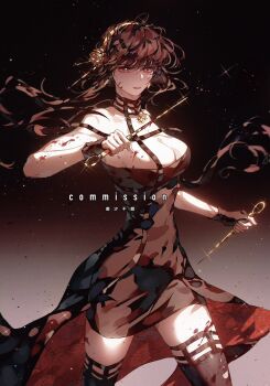 1girl black_boots black_dress black_hair blood blood_on_clothes blood_on_face bloody_weapon boots breasts chaoxibumian cleavage commission cowboy_shot dagger dress dual_wielding flower gold_hairband gradient_background hair_between_eyes hair_flower hair_ornament hairband high-low_dress highres holding holding_weapon knife large_breasts parted_lips red_eyes sidelocks solo sparkle spy_x_family stiletto_(weapon) thigh_boots thighhighs weapon yor_briar zettai_ryouiki