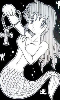 1girl breasts cross hand_on_own_chest hirosaki_maro kazumi_(sqoon) mermaid monochrome monster_girl open_mouth rosary sqoon_(game) topless_female