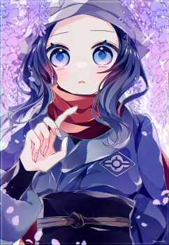 Rule 34 | 1girl, :o, akari (pokemon), black hair, black sash, black shirt, blue eyes, blue jacket, flower, galaxy expedition team survey corps uniform, headscarf, highres, jacket, long hair, looking at viewer, nintendo, open mouth, pokemon, pokemon legends: arceus, purple background, sash, shirt, sidelocks, simple background, solo, to camellia, upper body, white headscarf, wisteria