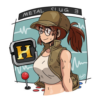 1girl arcade_stick baseball_cap breasts brown_eyes brown_hair brown_hat brown_vest commentary controller crop_top english_commentary fio_germi galois game_controller glasses hat highres joystick large_breasts metal_slug midriff navel ponytail profile signature smile solo sweatdrop toned toned_female upper_body vest