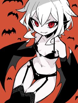 1girl akableak bat_wings black_panties bra breasts cowboy_shot fang garter_straps highres looking_at_viewer panties red_eyes red_theme remilia_scarlet short_hair simple_background slit_pupils small_breasts smile solo touhou underwear vampire wings